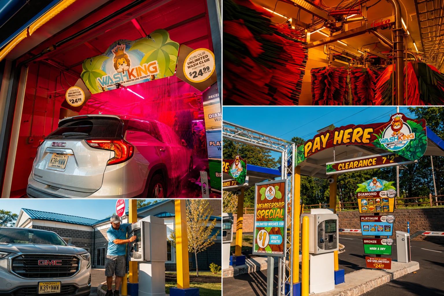 Wash King Somerset wash tunnel, brushes, payment station, and customer service